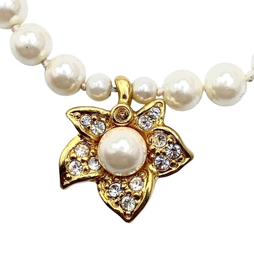 Vintage Napier Necklace Faux Pearl Beaded Rhinestone Pave Leaf Flower Floral - Picture 4 of 10